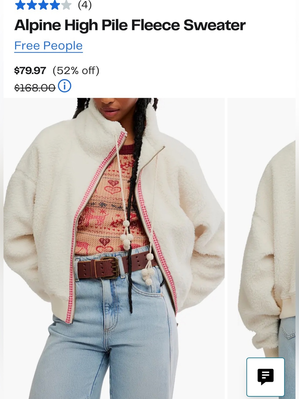 Free People Cream Alpine High Pile Teddy Jacket with Pink-Trim Zip